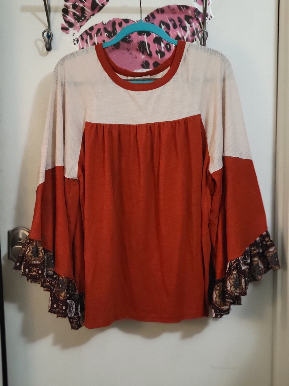 Umgee Rust and Cream Bell Sleeve Tunic with Printed Ruffle Trim